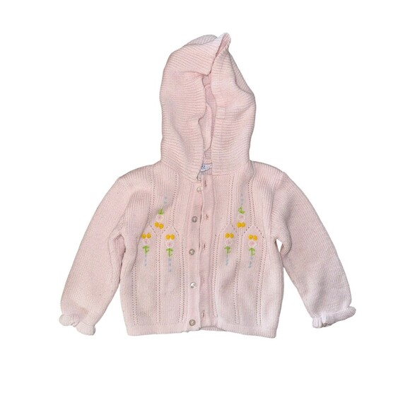 Vintage All Mine Pink Floral Knit Baby Hooded Sweater 12 Months Button Up Stain - Picture 1 of 4